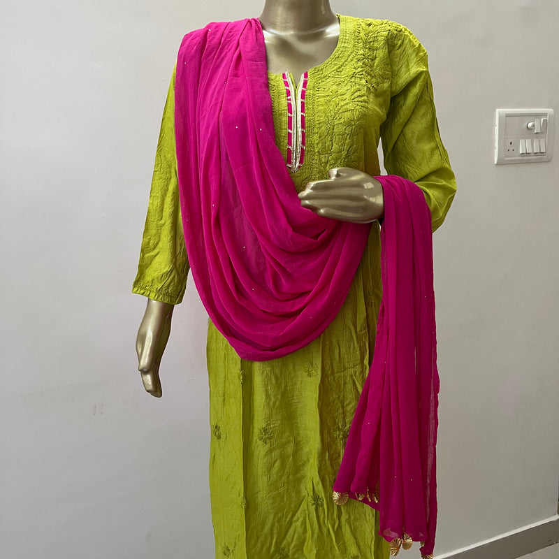 LIME PINK CHANDERI CHIKANKARI SUIT SET Libaas e Lucknow