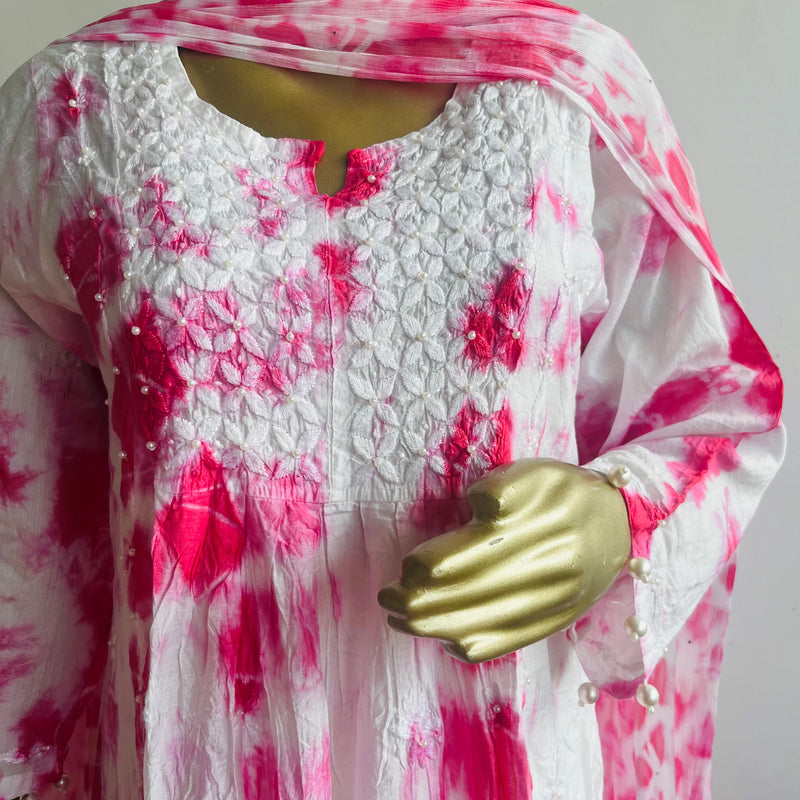 Shahina Pink Tie n Dye Chanderi Chikankari Set