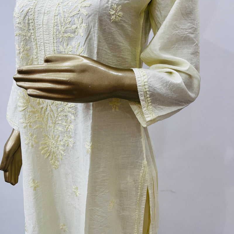 Samina Cream Chanderi Chikankari Kurta Set Libaas e Lucknow