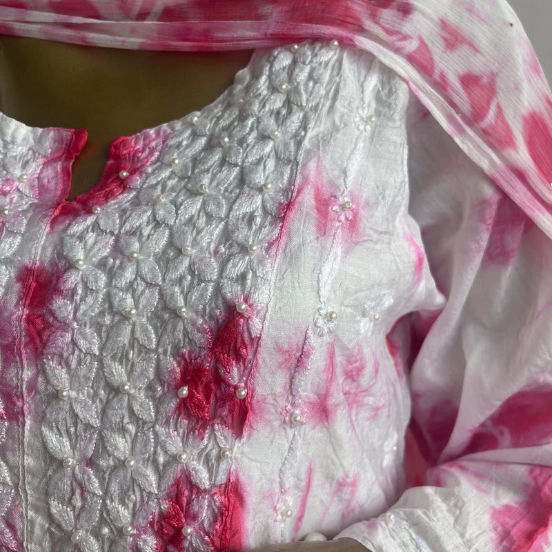 Shahina Pink Tie n Dye Chanderi Chikankari Set