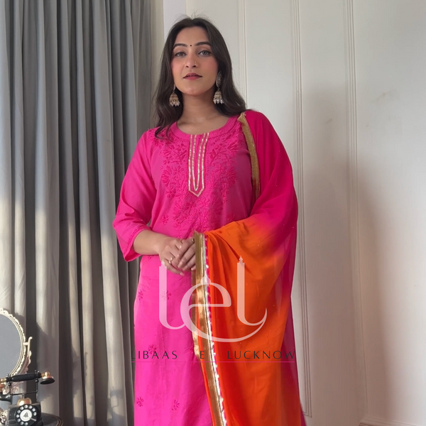 PINK ORANGE CHANDERI CHIKANKARI SUIT SET