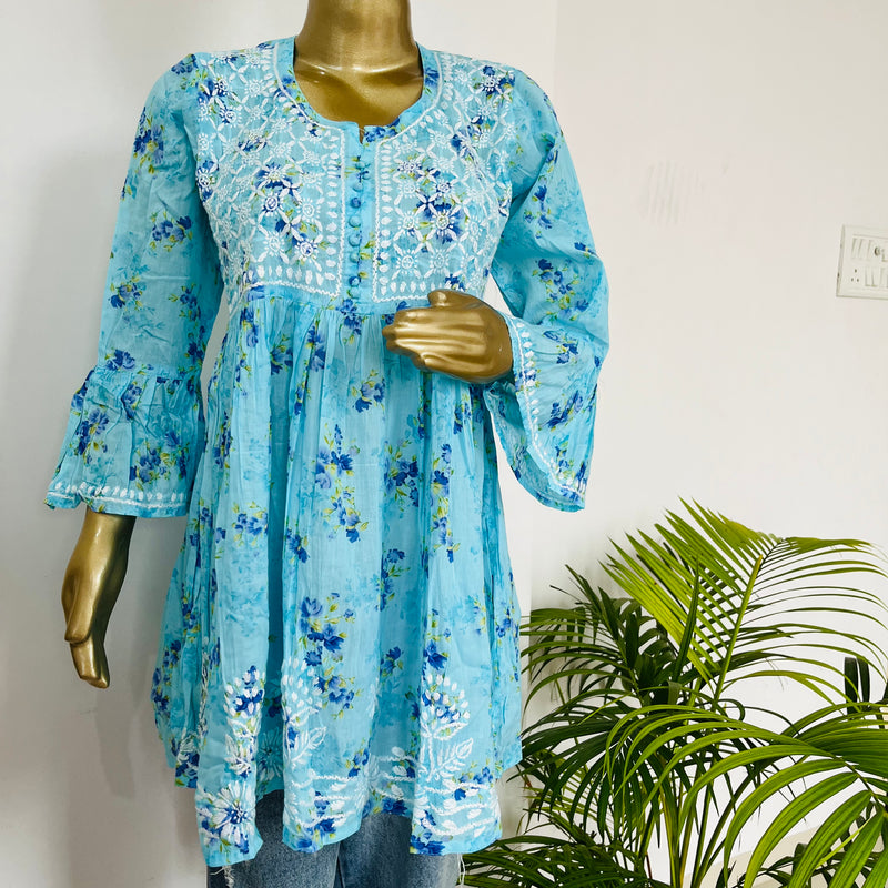 AIDAH BLUE MUL SHORT CHIKANKARI KURTA Libaas e Lucknow