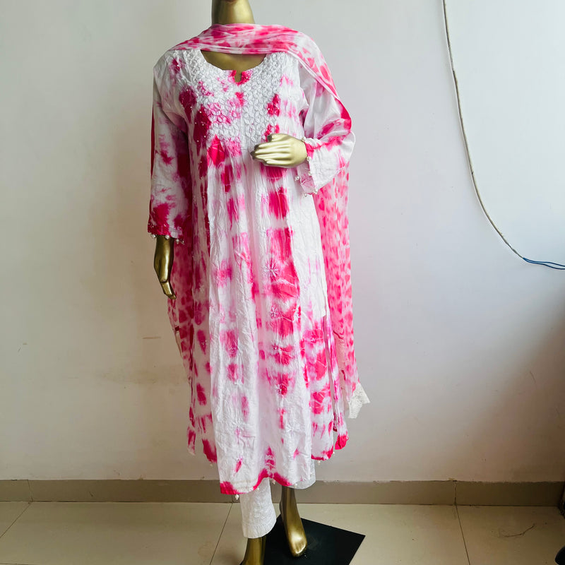 Shahina Pink Tie n Dye Chanderi Chikankari Set