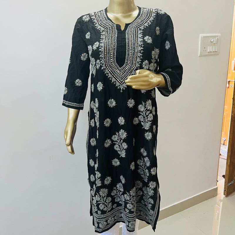 Umaiza BLACK CHANDERI SILK CHIKANKARI KURTI Libaas e Lucknow