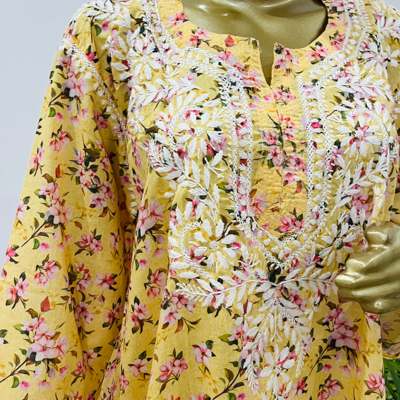 MAHIRA YELLOW PRINTED CHIKANKARI KURTI Libaas e Lucknow