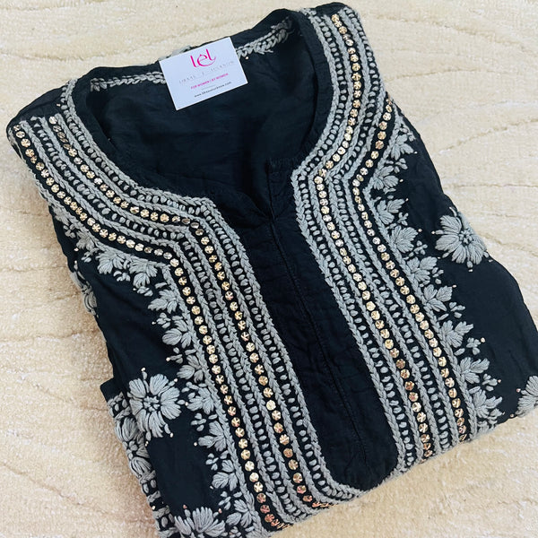 Umaiza BLACK CHANDERI SILK CHIKANKARI KURTI Libaas e Lucknow