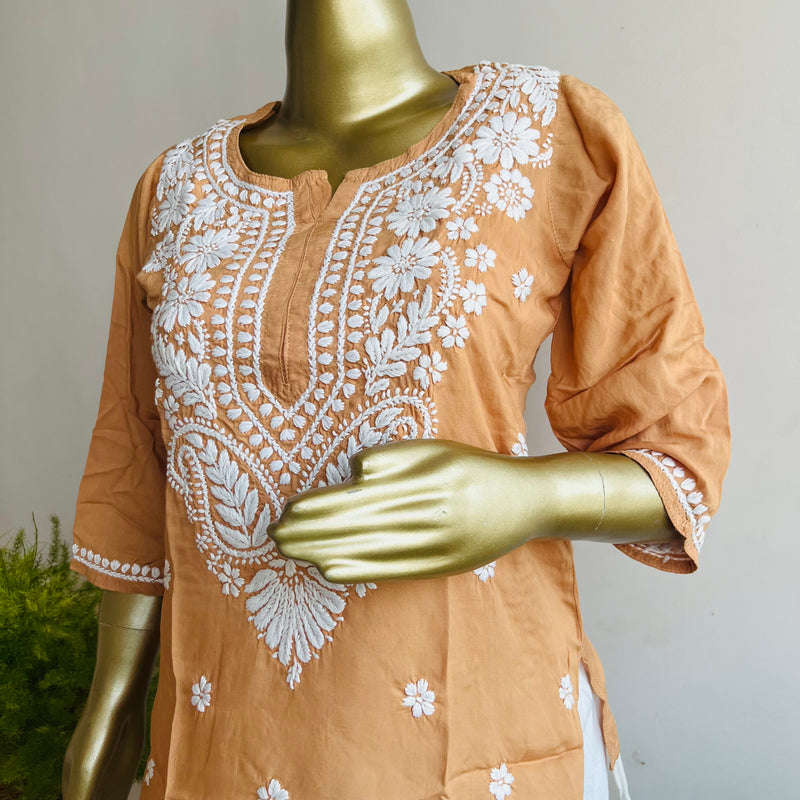 AIZAZ CHIKANKARI BROWN SHORT KURTA