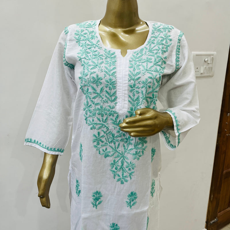 TARA CHIKANKARI WHITE TURQOISE KURTA Libaas e Lucknow