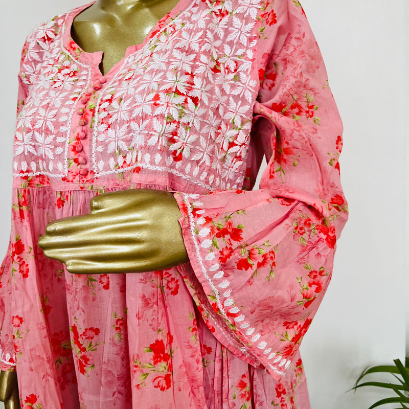 AIDAH PINK MUL SHORT CHIKANKARI KURTA Libaas e Lucknow