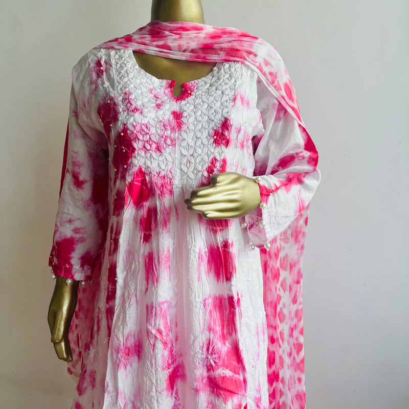 Shahina Pink Tie n Dye Chanderi Chikankari Set