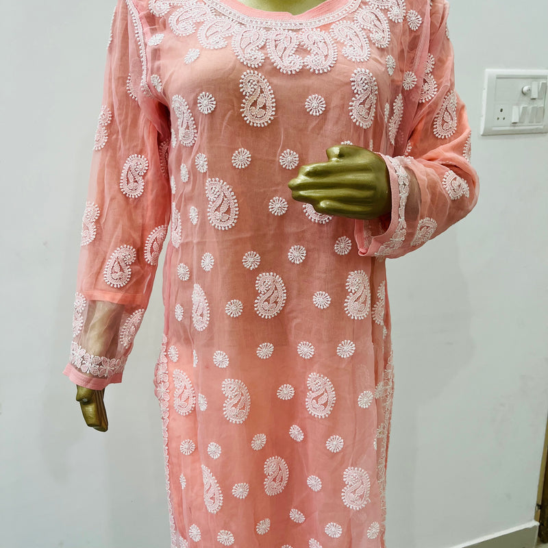 Sabira Peach Georgette Chikankari Kurta Libaas e Lucknow