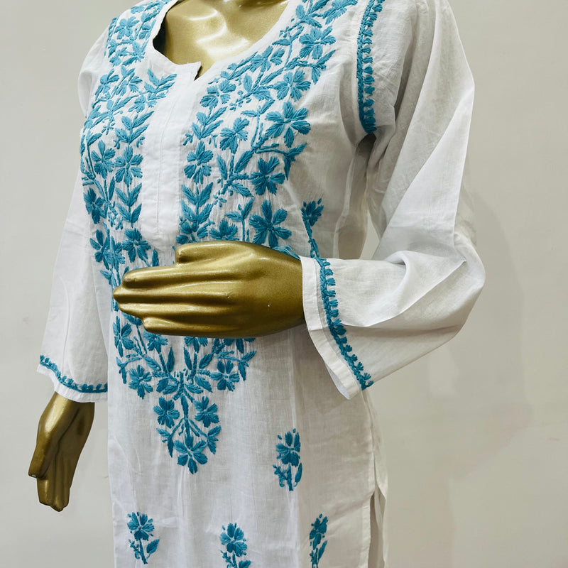 TARA CHIKANKARI WHITE BLUE KURTA Libaas e Lucknow