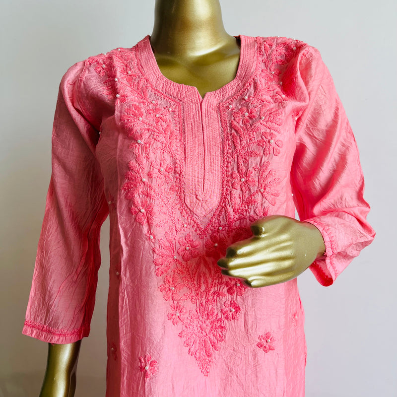 Zehrin Peach Chanderi Chikankari Kurta Libaas e Lucknow