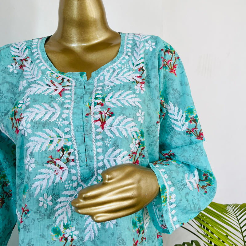 SAMIRA MUL CHIKANKARI TURQUOISE KURTA PALAZZO SET Libaas e Lucknow