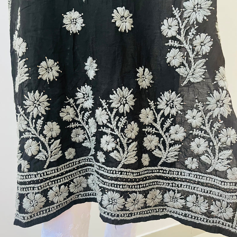 Umaiza BLACK CHANDERI SILK CHIKANKARI KURTI Libaas e Lucknow