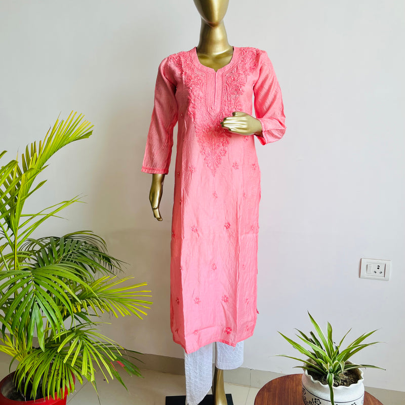 Zehrin Peach Chanderi Chikankari Kurta Libaas e Lucknow