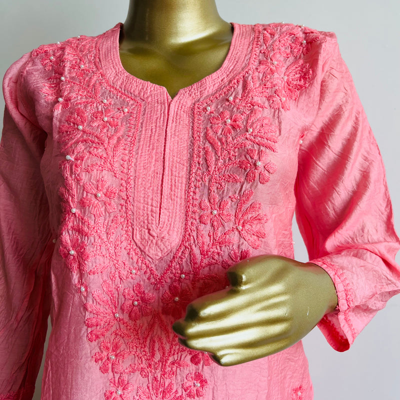 Zehrin Peach Chanderi Chikankari Kurta Libaas e Lucknow