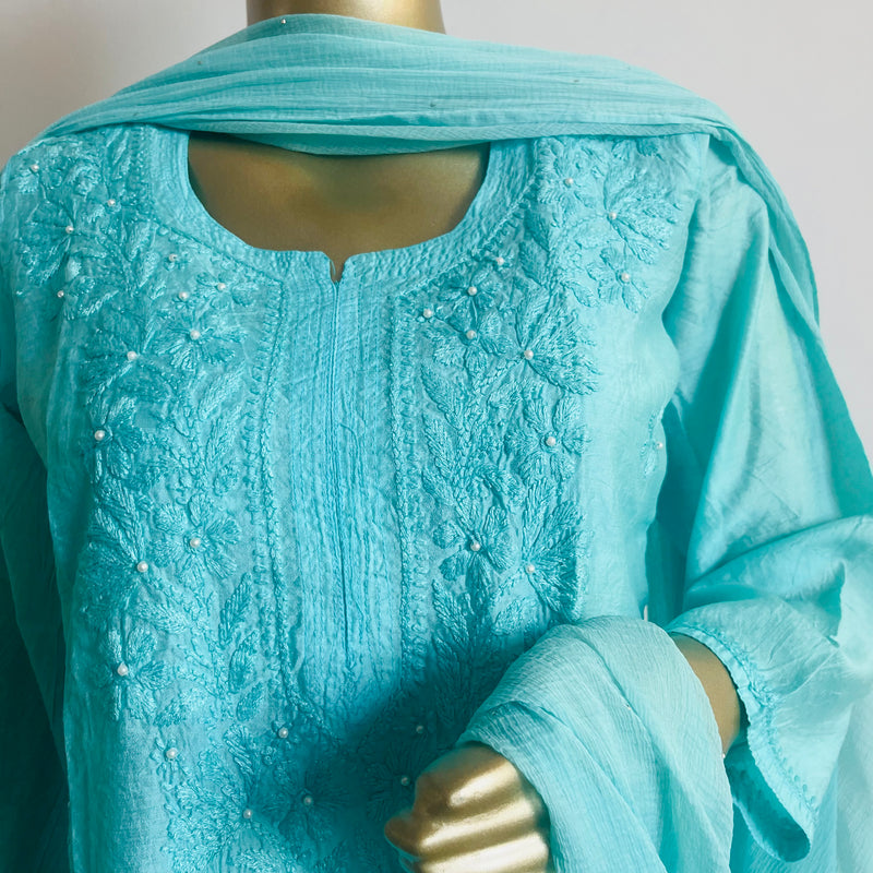 Zehra Blue Chanderi Chikankari Kurta Libaas e Lucknow