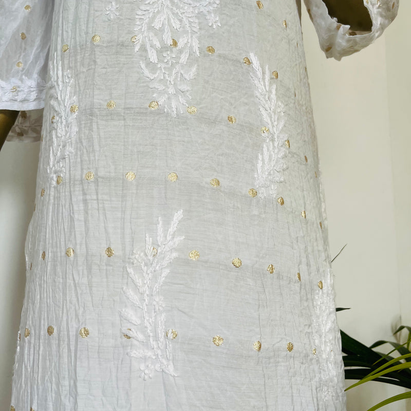 IFRAH WHITE CHANDERI CHIKANKARI PALLAZZO SET Libaas e Lucknow