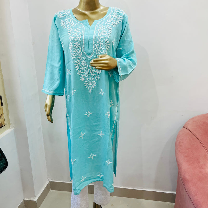 MAAHAM BLUE CHIKANKARI RAYON KURTA Libaas e Lucknow