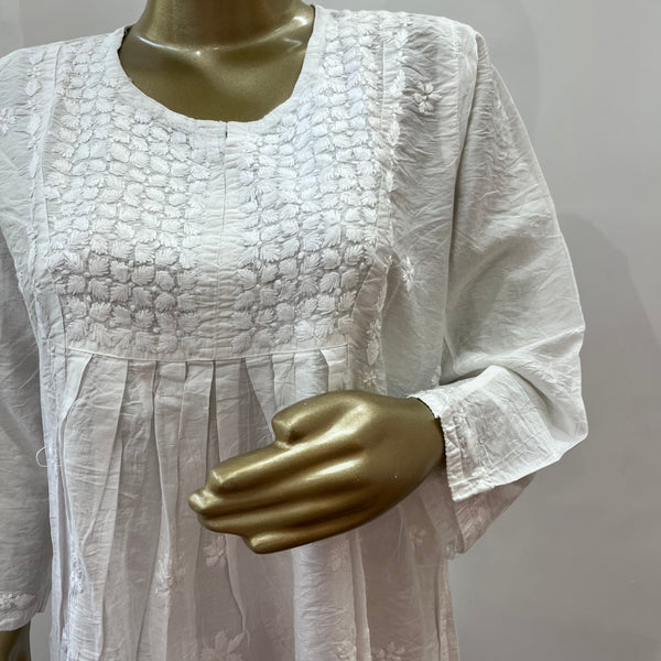 White Chanderi Chikankari A Line Kurti Libaas e Lucknow