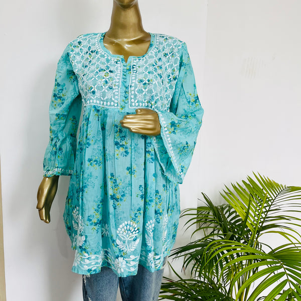 AIDAH SEA BLUE MUL SHORT KURTA Libaas e Lucknow