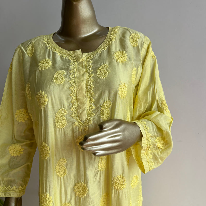 ANYA Yellow Chanderi Chikankari Kurta Libaas e Lucknow