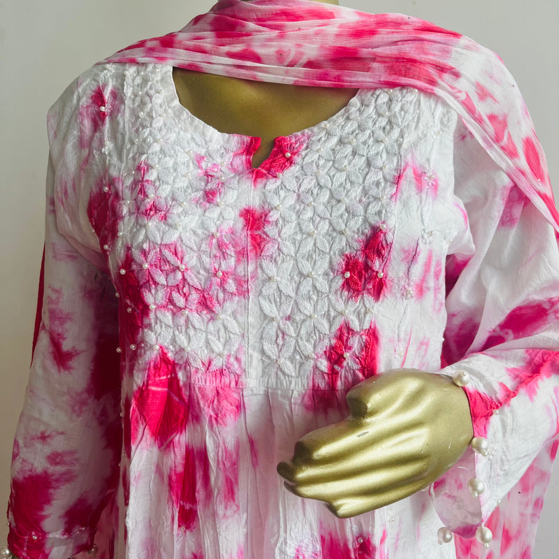 Shahina Pink Tie n Dye Chanderi Chikankari Set