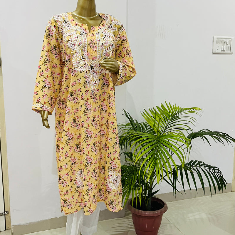 MAHIRA YELLOW PRINTED CHIKANKARI KURTI Libaas e Lucknow