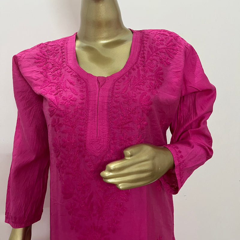 Samina Hot Pink Chanderi Chikankari Kurta Set Libaas e Lucknow