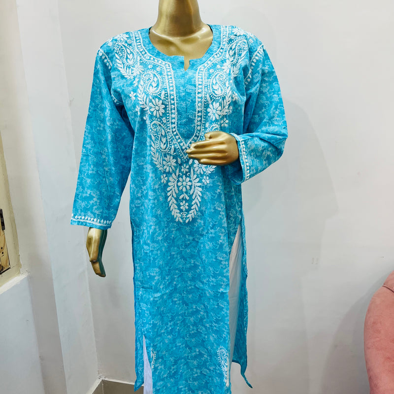 MAHIRA BLUE MULMUL CHIKANKARI KURTI Libaas e Lucknow