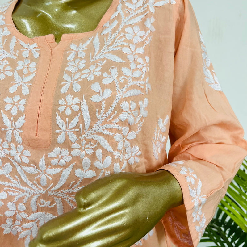 AIZAZ CHIKANKARI PEACH SHORT KURTA Libaas e Lucknow