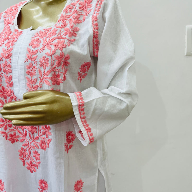 TARA CHIKANKARI WHITE PINK KURTA Libaas e Lucknow