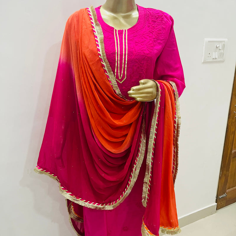 PINK ORANGE CHANDERI CHIKANKARI SUIT SET Libaas e Lucknow