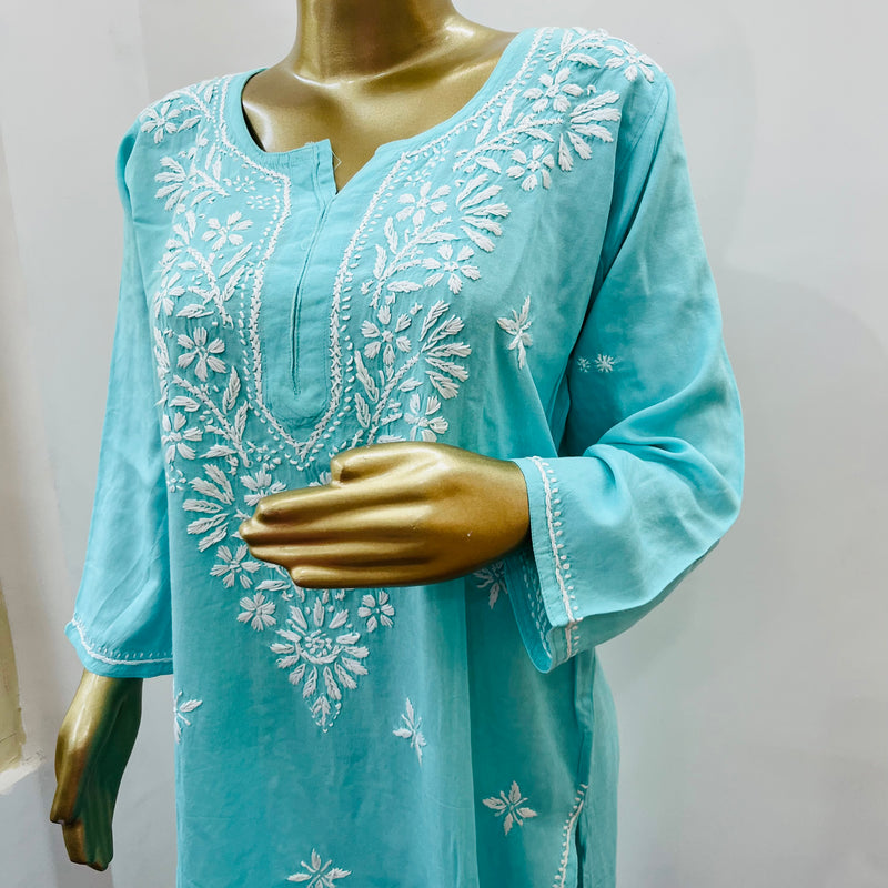 MAAHAM BLUE CHIKANKARI RAYON KURTA Libaas e Lucknow