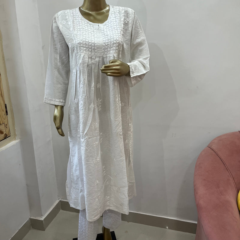 White Chanderi Chikankari A Line Kurti Libaas e Lucknow