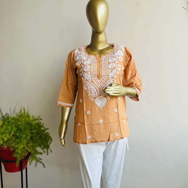 AIZAZ CHIKANKARI BROWN SHORT KURTA