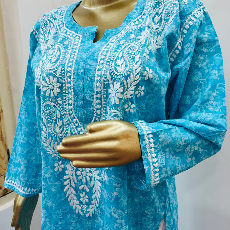 MAHIRA BLUE MULMUL CHIKANKARI KURTI Libaas e Lucknow