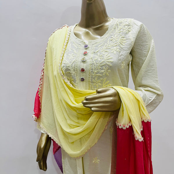 OFF WHITE PASTEL CHANDERI CHIKANKARI SUIT SET Libaas e Lucknow