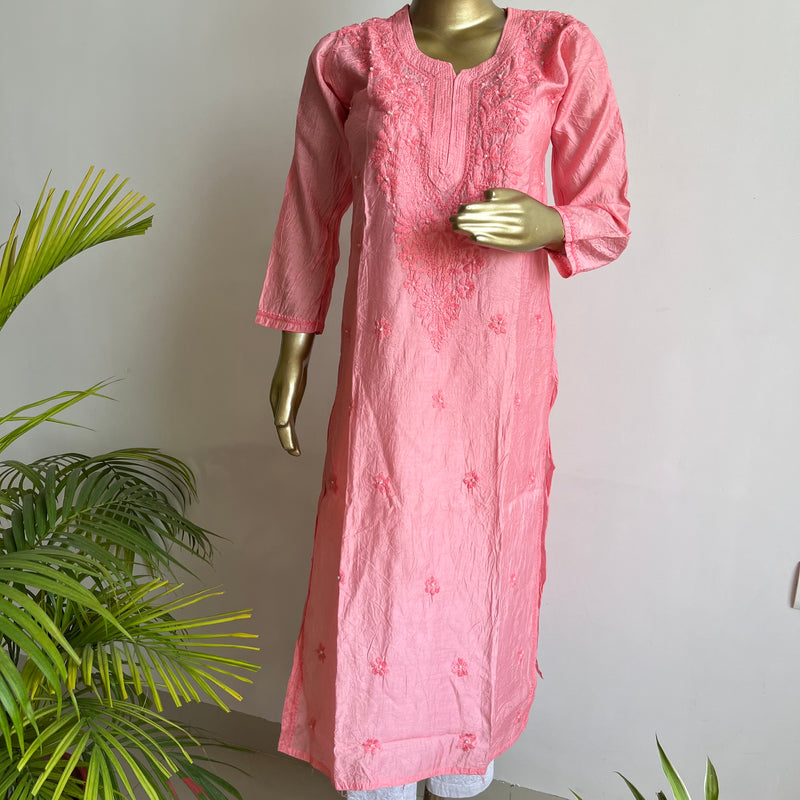 Zehrin Peach Chanderi Chikankari Kurta Libaas e Lucknow