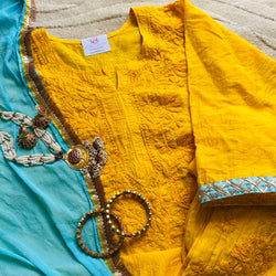 YELLOW BLUE CHANDERI CHIKANKARI SUIT SET Libaas e Lucknow