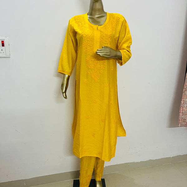 Samina Yellow Chanderi Chikankari Kurta Set Libaas e Lucknow