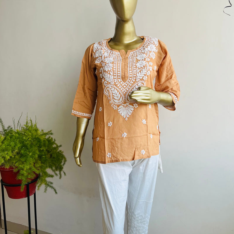 AIZAZ CHIKANKARI BROWN SHORT KURTA