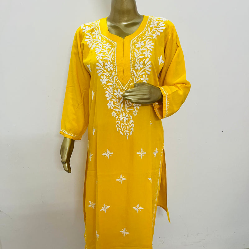 MAAHAM YELLOW CHIKANKARI RAYON KURTA Libaas e Lucknow