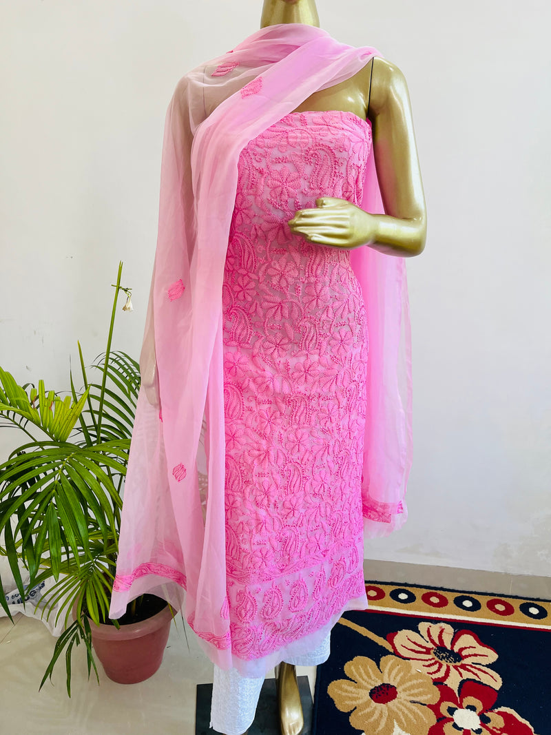 PINK RESHAM GEORGETTE UNSTITCHED CHIKANKARI SUIT Libaas e Lucknow