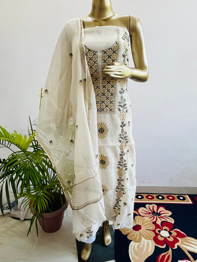 PURE CHANDERI UNSTITCHED CHIKANKARI SET Libaas e Lucknow