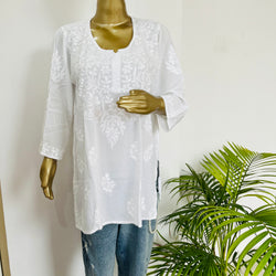 AIZAZ CHIKANKARI WHITE SHORT KURTI Libaas e Lucknow