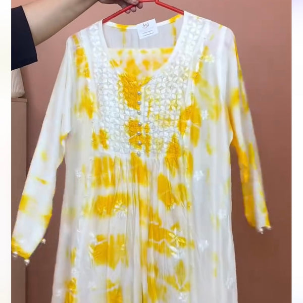 Shahina Yellow Tie n Dye Chanderi Chikankari Set Libaas e Lucknow