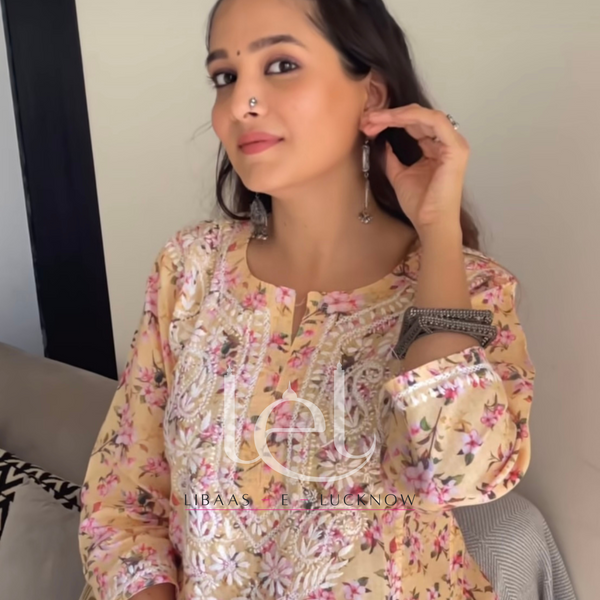 MAHIRA YELLOW PRINTED CHIKANKARI KURTI