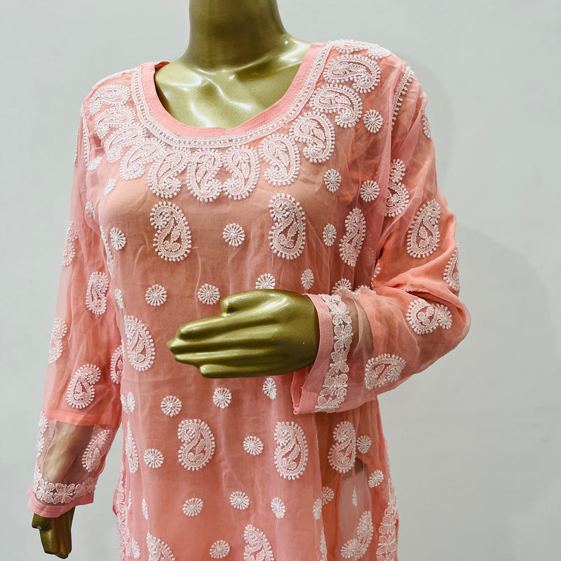 Sabira Peach Georgette Chikankari Kurta Libaas e Lucknow